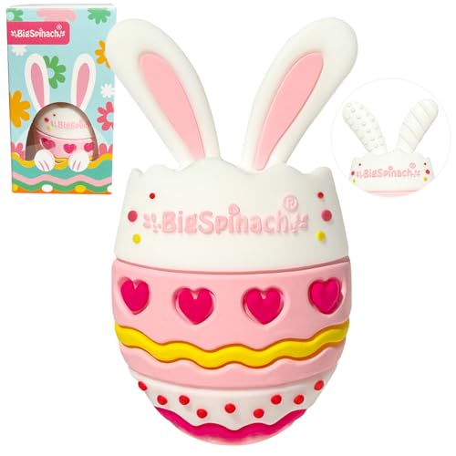 Image of BIGSPINACH Easter Egg Baby Teether,Baby Teething Toy for Pain Relief,Silicone Bunny Rabbit Teether,Easter Gift for Babies,Sensory Toy for Boys & Girl (Pink)
