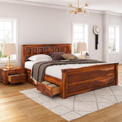 Image of Torque Allen Solid Wood King Size Bed with Storage Drawer - Brown | Wooden Palang Diwan Cot for Living Room Furniture | Double Bed for Sleeping
