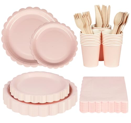 Anstore Rosa Platos Desechables Elegantes, 200 Platos De Papel Floral Vintage Con Borde Festoneado Para 25 Invitados, Vajilla Desechable Con Plato, Cuchara, Tenedor, Cuchillo, Vasos, Servilletas