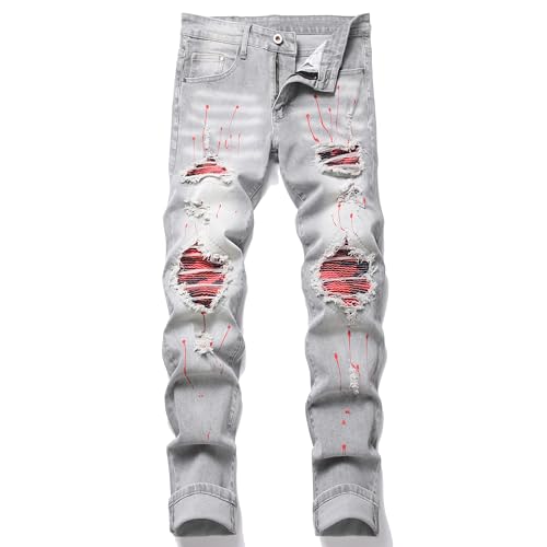 GHYYHG Men's Ripped Patch Elastic Jeans Fashion Slim Fit Regular Denim Pants(38,238016 Grey)