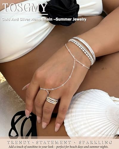 Hand Chain Gold Silver Bracelets for Women 14K Gold plated Hand Chain Bracelet Non Tarnish Satellite Bead Dot CZ Pearl Link Ring Bracelet Trendy Hand Jewelry Gifts for Women Adjustable2