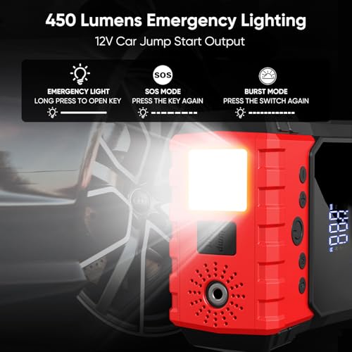 Jump Starter with Air Compressor, 6000A Car Battery Jumper Starter (10.0 Gas/8.0L Diesel), 12V Jump Starter Battery Pack, Portable Jump Box with LED Display, Flashlight and Jumper Cable - Image 6