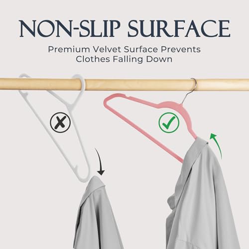 Image of HOUSE DAY Lt Pink Velvet Hangers 20 Pack, Non Slip Clothes Felt Hanger Heavy Duty for Coat, Premium Slim Space Saving Suit Hangers for Closet Organizer, 360 Rotating Silver Hook