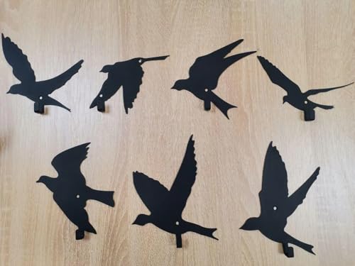 Image of Bird Wall Art Hooks - Set of 7 Metal Decorative Bird Hooks for Wall, Key Holder & Clothes Hanger - Laser Cut, Powder Coated, Heavy Duty, Rustic Home Decor for Living Room & Entryway