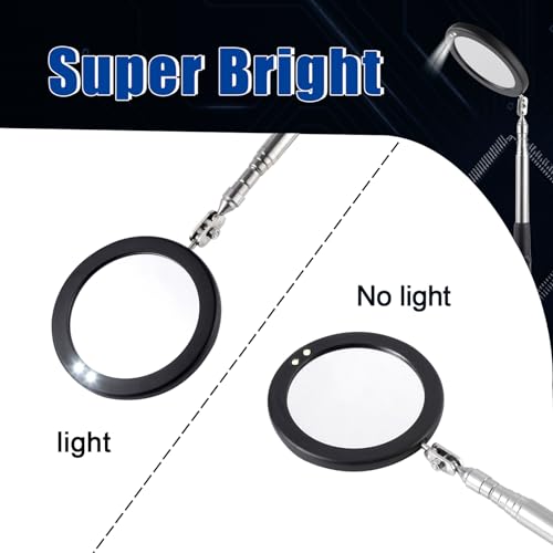 Rechabite Telescoping Inspection Mirror LED Light with Large 3.75 Inches Round Mirror, 39.4 Inches Extendable, Flexible 360 Swivel, for Inspection Viewing, Mechanic Checking, Observation