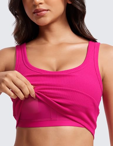 Image of CRZ YOGA Ribbed U Neck Crop Tank Tops | Medium Support, Removable Pads, Casual, Wide Straps, Longline Sports Bras for Women