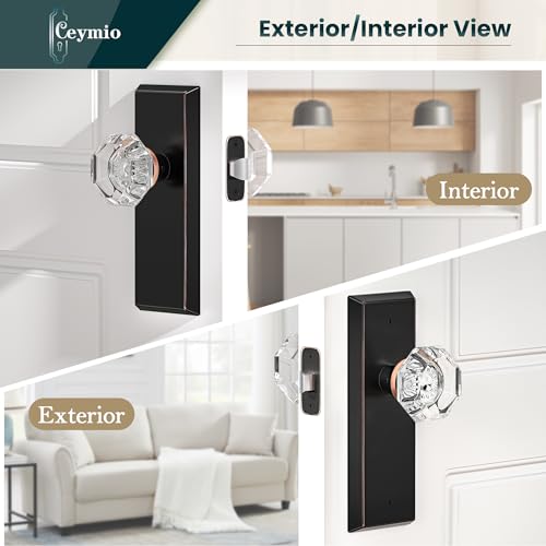 Image of Glass Door Knobs for Interior Doors - Vintage Crystal Passage Closet & Hallway Door Knob - Diamond Cut Door Handle - Oil Rubbed Bronze Finish (1 Pack)