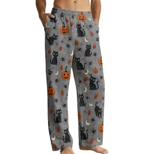 YVENLG Halloween Pajamas Pj Pants,Mens Halloweens Pajamas Pj Costumes for Men,Halloween Pajama Pants Men,Funny Pumpkin Cat Print Fall Loose Fit Elastic Unisex Wide Leg Lounge Pjs Pant 01 Grey M - image 3