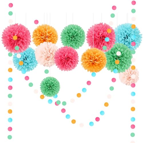 AOBKIAT Lot de 15 pompons multicolores en papier de soie arc-en-ciel, guirlande ronde en papier, pour mariage, Pâques, Noël, décoration de fond à suspendre