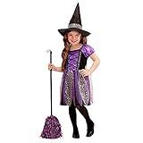 Im Lieferumfang enthalten sind das Kleid und der Hut. Das Kleid ist in den Farben Lila/Schwarz. Auch ein weißer Tüll mit goldenen Sternen ist in dem Rock des Kleides verarbeitet. Dieser Tüll spiegelt sich auch in dem Band wieder, das um den Hexen Hut gewickelt ist