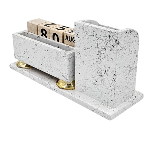 Image of WOOD HOUSE Wooden Pen Stand with Calendar & Mobile Stand for Office Table, Pen Holder 100 Years Calendar, New Year Calendar 2024 for Office Table | Lifetime Infinite Perpetual Desk Calendar (WH-62N)