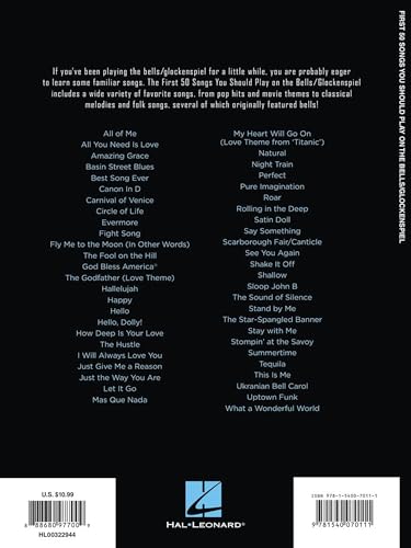 Image of First 50 Songs You Should Play on Bells Glockenspiel Sheet Music Songbook | Easy Melodies from Pop, Classical, and Movie Themes | Includes Hallelujah, Let It Go, Stand by Me, Shake It Off