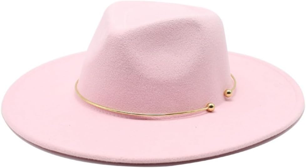 Wide Brim Wool Fedora Hat, Pink with Gold Chain Band