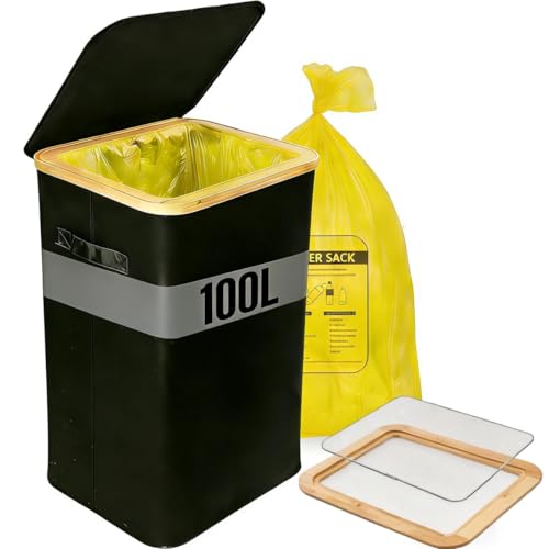 Tarent Gelber Sack Ständer 100L mit Deckel | Neu Gestaltete Mülleimer Küche mit Edelstahlring | Robust Langlebig und Geruchsabweisend Müllsackständer