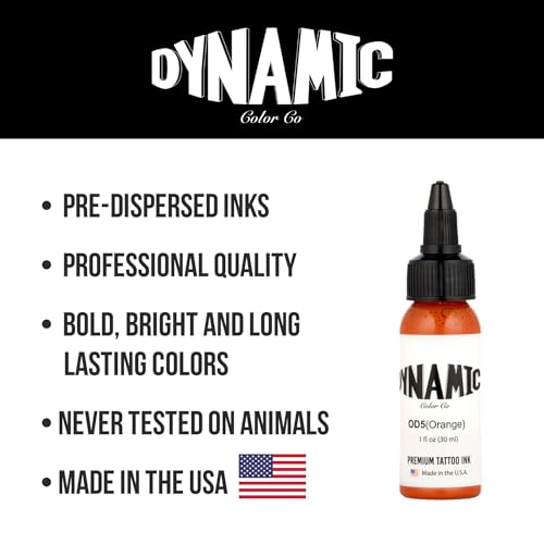 Image of Dynamic Color Orange Tattoo Ink, Made in USA Since 1990, 1 oz | Sterilized and lot-numbered for full traceability; established American brand trusted by artists worldwide