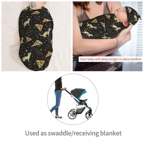 Image of Hand Drawn Cats Pizza and Starry Sky Newborn Swaddle Blankets Hat Sets Soft Baby Receiving Blanket Swaddle Sack for Baby Shower Infant Boy Girl Gift