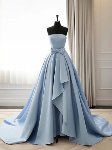 Satin Strapless Ball Gown 2025 Bow Bridesmaid Dress for Women Formal Flowy A-Line Hi-Lo Wedding Dress with Train2