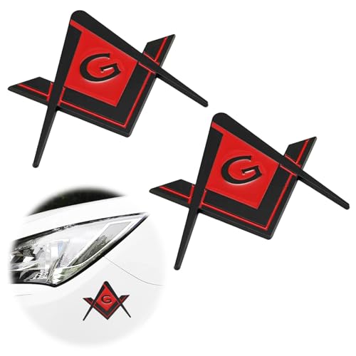 Image of Pleoos 2Pcs 2.75 inch Chrome Plated Masonic Car Emblem Compass Auto Truck Metal Decal, Mason Square, Auto Motorcycle Gift Automobile Decoration Accessories(Red)