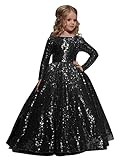 Abaowedding Flower Girl Dress Sequined Pageant Ball Gown Kids Long Sleeves Christmas Birthday Party Dresses Black,Size 6