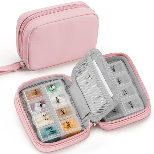 Image of Zannaki Cute Pill Organizer for Purse with Two Removable 7-Day Pill Box, Travel PU Leather Pill Case, Portable Weekly Pill Container with Storage Bag to Hold Vitamins, Fish Oils, Supplements (Pink)