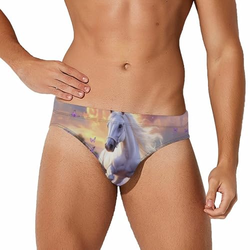 White Horse Lavender Flowers Mens Swim Briefs Quick Dry Swim Trunk Bikini Underwear Swimsuit