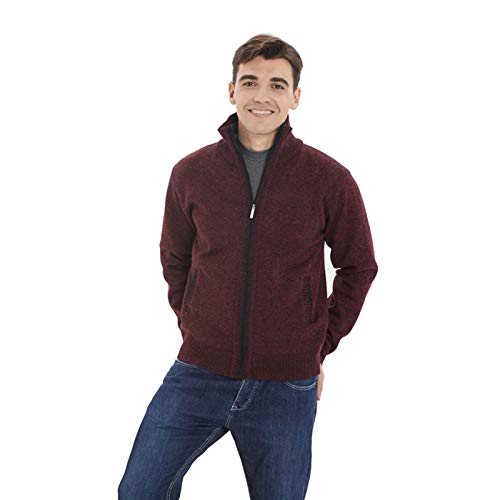 Men's Casual Slim Fit Cardigan Sweaters Full Zip Knitted Sweaters Outwear with Interior Plaid Pattern Wine Red