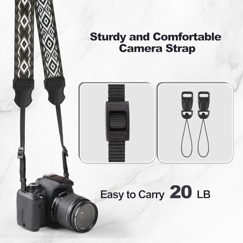 Image of Universal Camera Strap - Camera Neck Strap, Adjustable Shoulder Straps Compatible with Canon, Fujifilm, Nikon, Olympus, Panasonic and other SLR and mirrorless cameras - Black Grey White Rhombus