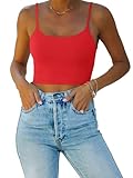 Picture of REORIA Women's Summer Sexy Sleeveless Adjustable Spaghetti Strap Cami Camisole Basic Fitted Seamless Yoga Cropped Tank Cute Crop Tops Red Medium