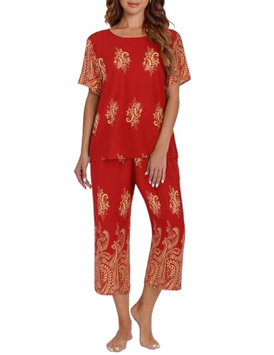 Image of Ekouaer Women's Two Piece Lounge Set Short Sleeve Shirt and Capri Pants Mumu Pajama with Pockets Loungewear Pjs Sets S-2XL