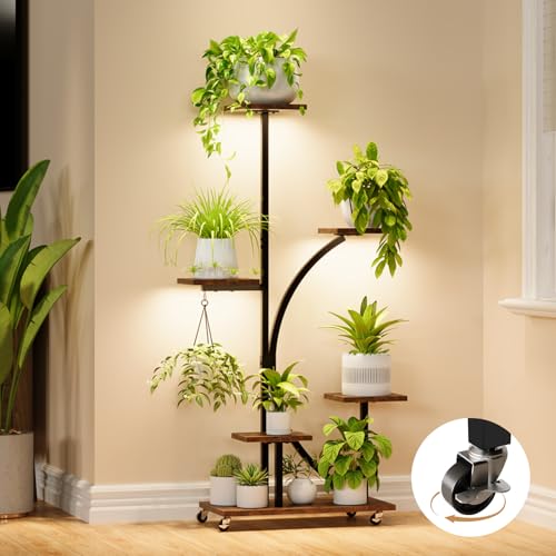 Pflanzenständer mit Wachstumslicht, Blumenständer 6 Stöckiges 125cm, Pflanzenregal Metall Holz...