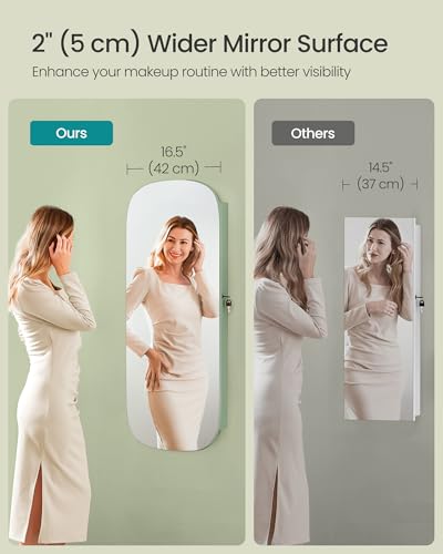 Image of SONGMICS Jewelry Organizer, LED Jewelry Cabinet Wall /Door Mounted, Lockable Rounded Wide Mirror with Storage, Interior Mirror, 3.9 x 16.5 x 42.5 Inches, Laurel Green Surface with Cream White Lining
