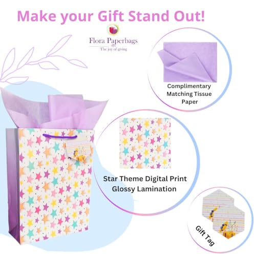 Image of Flora Paperbags - Gift Bags - Paper Bags For Return Gifts - Paper Gift Bag - Paper Bags Gifting For Weddings, Birthday Size-30X23X9Cm (1Count (Pack Of 10), Medium-Star), Multicolor