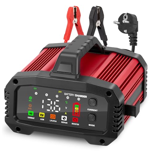 Chargeur de Batterie Automobile 25A, Chargeur de Batterie 12V/24V pour véhicules, Chargeur à 8 Niveaux avec Mode réparation et contrôle de la température...