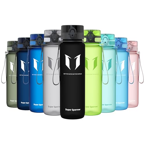 Super Sparrow Botella de Agua Deportiva - 1000ml - Sin BPA (Mate- Negro)