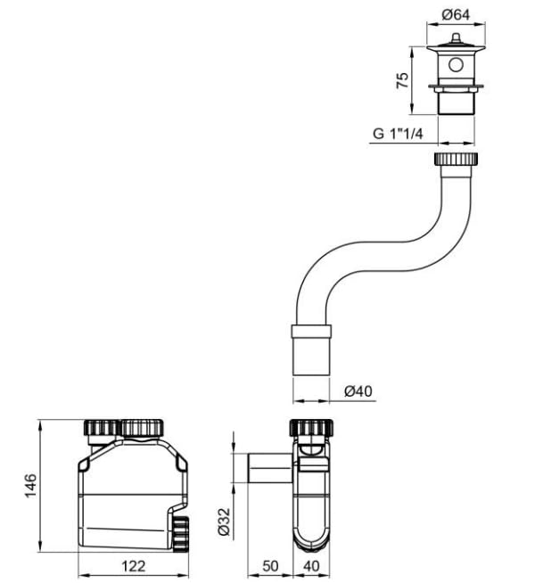 Kit di scarico per lavabo con piletta, sifone esterno e tubo corrugato in plastica 1“1/4 - Idral