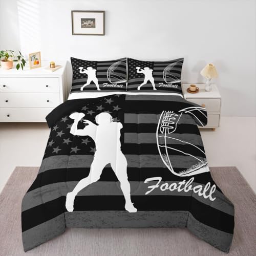 Image of Feelyou Football Player Comforter Set Full Size American Flag Bedding Set for Kids Boys Girls Rugby Gaming Sports Duvet Quilt Bedroom Decor Microfiber 3 Pcs with 2 Pillow Cases