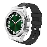 JUSUTEK 革新 全金属完全カバー式 コンパチブル Samsung Galaxy Watch 6 Classic（43mm） バンド ケース アルミニウム合金鋼殻+バンド一体 43MM スクリーン プロテクター 耐久性 耐衝撃 カバー付 ヘビー デューティ メタル ケース 男女兼用 改造交換用 完全 保護 カバー (銀黒, 43MM)