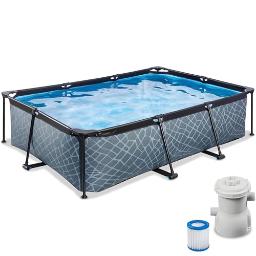 EXIT Toys Piscina tubolare Stone – 220 x 150 x 65 cm – Piscina fuori terra rettangolare con pompa filtrante a cartuccia – ingresso basso – ideale per i giovani bambini – telaio stabile – design unico