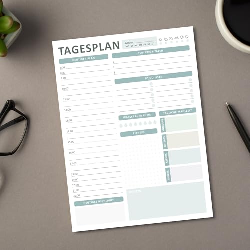 BIROYAL A4 Tagesplaner Block ohne festes Datum, 50 Seiten | Zeitmanagement und Gesundheitstracking für den Alltag | To Do Liste Block | Home Office Gadget, Büro Organisation, ADHS Planer Erwachsene