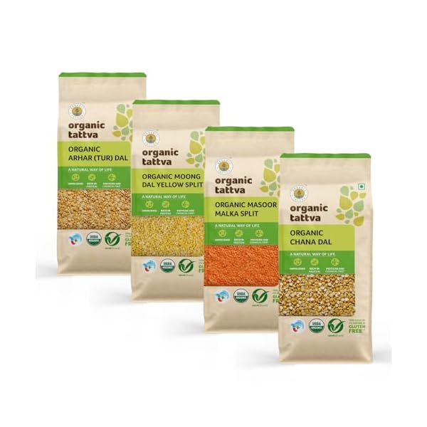 ORGANIC TATTVA Gluten Free & Unpolished Yellow Dal/Pulses Combo Pack (Arhar, Chana, Moong Yellow & Mosoor Malka Split), 2 Kg (500G Each)
