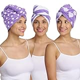 Turbie Twist 100% Cotton Hair Towel Wrap - for Women, Men & Kids - Travel & Bathroom Essential - Quick Dry Hair Turban for Curly, Long & Thick Hair - 1 Polka Dot, 1 Stripe & 1 Heart Pattern - Purple