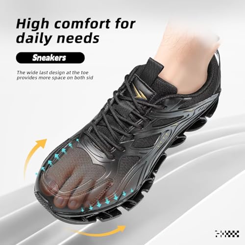 Mens Walking Shoes Blade Fashion Sneakers Casual Lace up Tennis Running Athletic Sport Trainers Zapatillas para Hombre Black/Gold