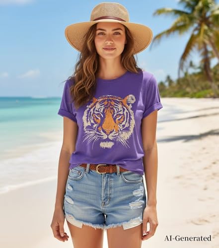 Epokay Tiger Printed T-Shirt Women Cute Animal Tiger Face Graphic Novelty Casual Comfort Crewneck Short Sleeve Tops