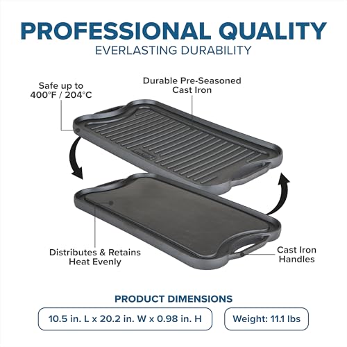 Viking Griddle, 20 Inch Reversible Cast Iron Grill Pan, Pre-Seasoned, Oven Safe, Induction Ready, Black by Viking - Image 4