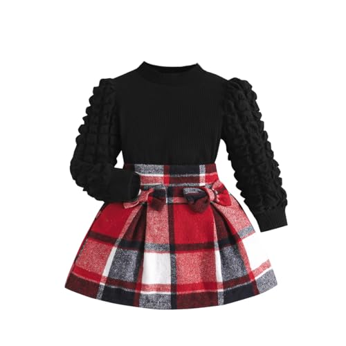 Image of Noubeau Toddler Girls Plaid Outfits Girls Puff Sleeve Knit Ribbed Shirt Tops Plaid Skirt Set Kids Fall Winter Clothes