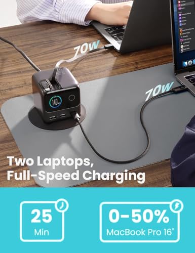 Image of 5-in-1 USB C Charging Station, 140W Ultra-Fast 5-Port Desktop Charger with Dual Retractable 100W USB-C Cables (2.6ft), 1.54 inch Smart LCD Power Display for Mac Book, 1Phone, Home & Office (JR-TRD01)