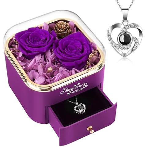 Birthday Gifts for Women Preserved Real Purple Rose with Heart I Love You Necklace -Eternal Flowers Valentines Day Gift for Girlfriend Mom Wife Forever Rose Gifts on Mother Day Anniversary Romantic Cover