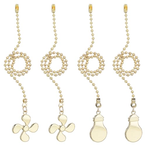 Image of uxcell 13 Inch Ceiling Fan Pull Chain Extender Sets, 4 Pcs Beaded Ball Fan Pull Chain with Decorative Light Bulb and Fan Cord for Ceiling Light Lamp Fan, Gold