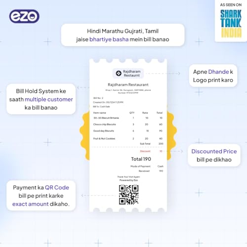 Image of EZO 58mm 2 Inch Wired Printer + Software Subscription Direct Thermal Billing Machine with USB & Bluetooth Connectivity, Software Subscription (6 Months) | 5 Rolls & QR Review Stand Included