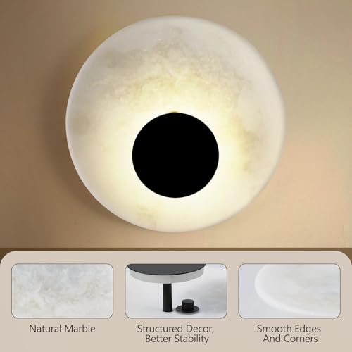 Image of Marble Round Wall Sconce, Natural Marble Hardwired Circular Sconce Modern Sconces Wall Lighting Vanity Light Fixtures for Bedroom, Stairs, Living Room, Bedside